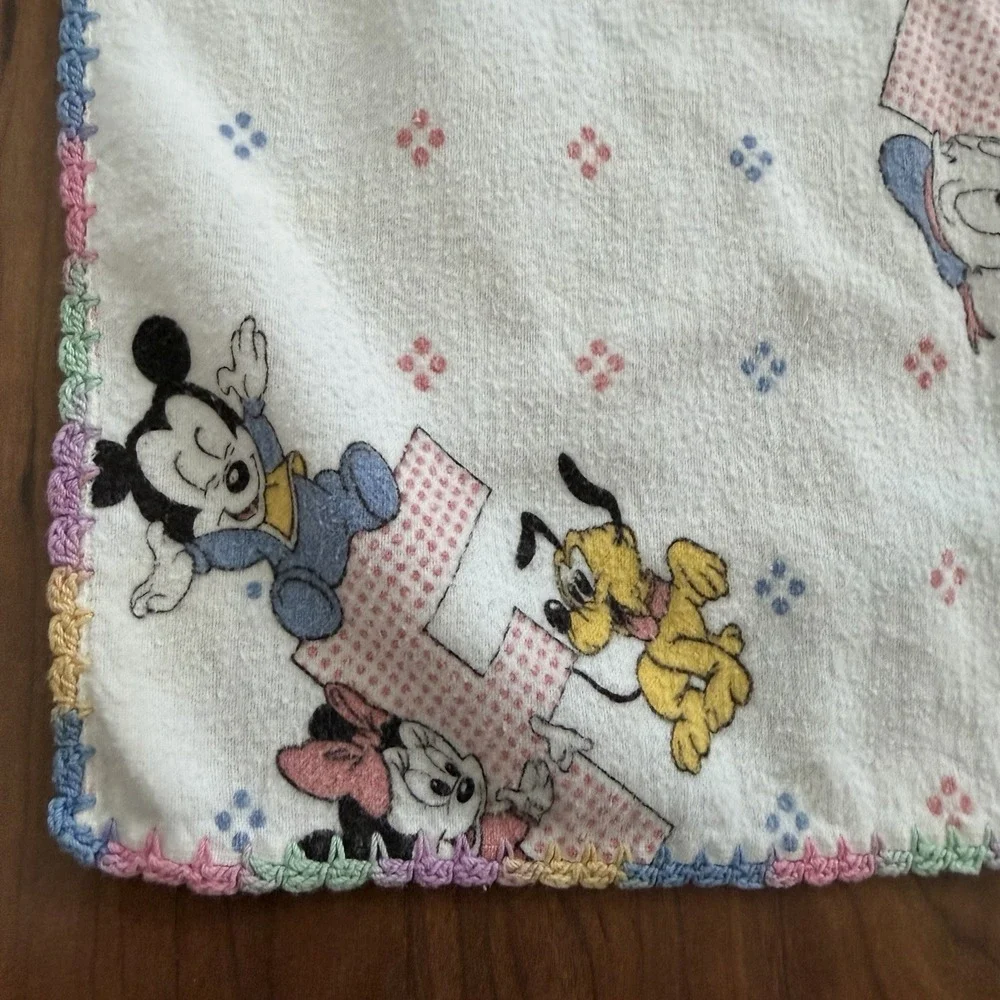 Vintage Disney Baby Mickey Minnie ABC's Crochet Trimmed Flannel Crib Blanket 80s